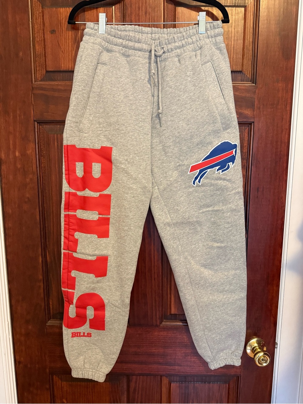 NFL Gray Sweatpants with Red 'BILLS' and Blue Buffalo Bills Logo